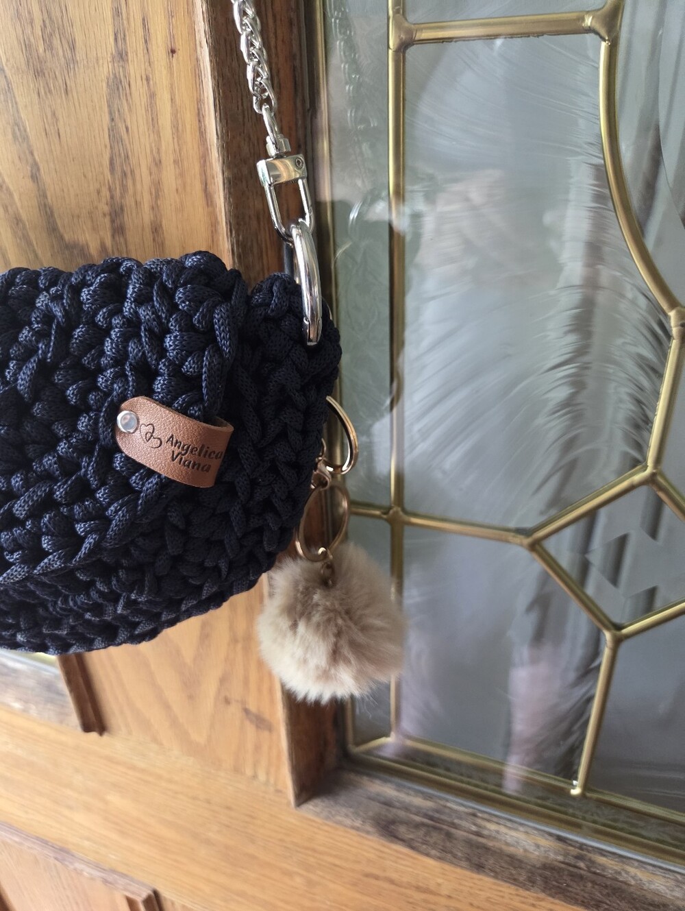Handmade Navy Crossbody Bag with Fur Pom - Picture 3 of 7